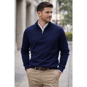 Club Room Men's L 1/4 Zip Merino Wool Sweater Navy Estate Merino Pullover Preppy